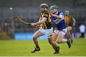 James Bergin of Kilkenny is tackled by Seán Downey of Laois during the Allianz Hurling League Division 1 Group B match in UPMC Nowlan Park. Pic: Ray McManus/Sportsfile