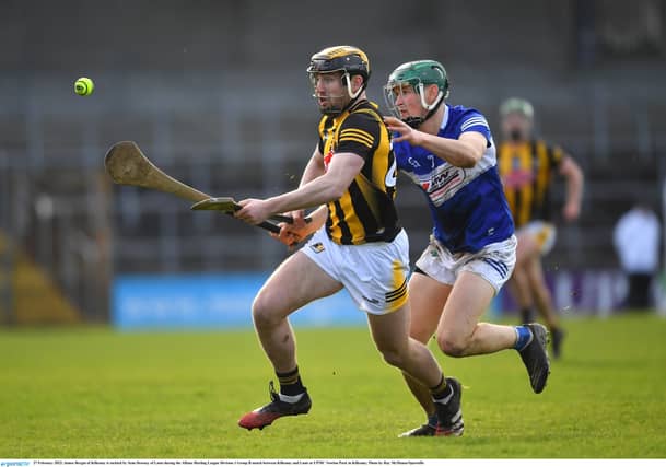 James Bergin of Kilkenny is tackled by Seán Downey of Laois during the Allianz Hurling League Division 1 Group B match in UPMC Nowlan Park. Pic: Ray McManus/Sportsfile