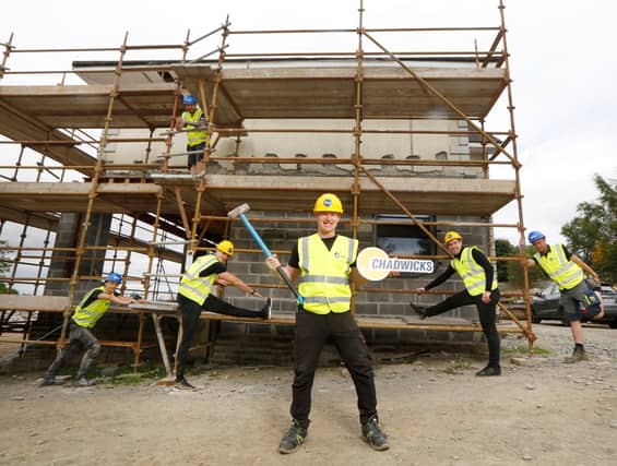 Pictured is Chadwicks ambassador and star of RTE’s Home Rescue Peter Finn aka Pete The Builder and his team launching Chadwicks Group’s National Tradesperson Check (NTC).