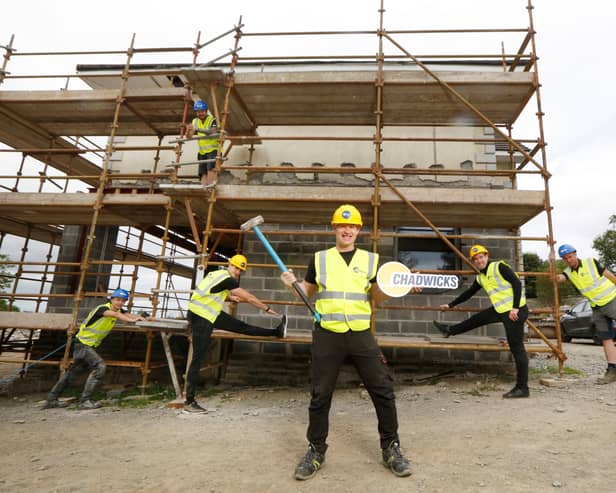 Pictured is Chadwicks ambassador and star of RTE’s Home Rescue Peter Finn aka Pete The Builder and his team launching Chadwicks Group’s National Tradesperson Check (NTC).