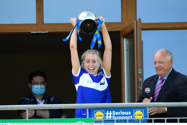 Laois Captain Laura Nerney lifting the cup. Pic Sportsfile