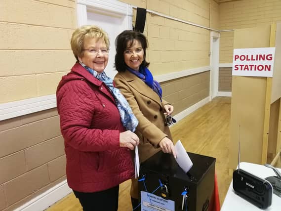 Kathleen Hyland and Mary Maher casting their votes this morning in Rosenallis. Picture: Stan Henderson