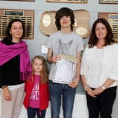 Luan Fletcher Calt with CBS Principal Maura Murphy, his mum Emer and sister Eva on Leaving Cert Day. Picture: Tim Keane