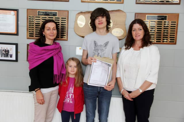 Luan Fletcher Calt with CBS Principal Maura Murphy, his mum Emer and sister Eva on Leaving Cert Day. Picture: Tim Keane