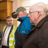 Flood relief Minister Kevin Moran with Cllr Paddy Bracken, Minister Charlie Flanagan and flood victim Anne. Photo Denis Byrne