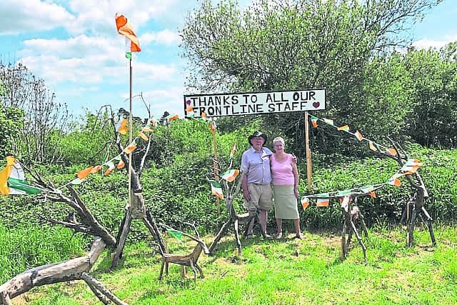 Charlie also makes deer sculptures, inspired by the shapes of fallen branches he finds in the woods. They adorn the roadside in Emo and during Covid he put on a special roadside display of a family of deer, with a big sign supporting frontline workers. It hit the headlines when they were stolen.