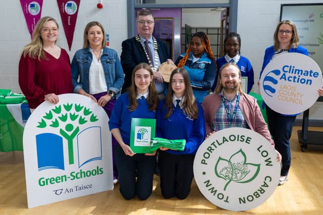 Dunamase College. Allison Phillips: Green-Schools Travel Programme Manager; Siobhan Holland: Green Schools Coordinator, Dunamase College; Leas-Cathaoirleach Councillor Paschal McEvoy, Laois County Council; Green Schools Committee Dunamase College; Suzanne Dempsey: Climate Action Coordinator, Laois County Council; Steven Mullally: Environmental Awareness Officer, Laois County Council.