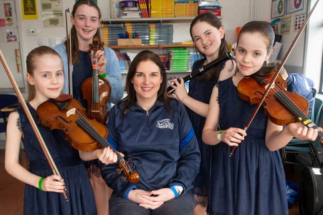 Ready to perform at the Laois Fleadh Cheoil at Clonaslee were Evie Troy, Juliette Quinn, Isabelle Troy and Clodhna McDonnell with Tutor Genevieve Bennett Photo Denis Byrne
