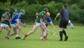 Referee John Lalor throwing in as Patrick Purcell, Rathdowney Errill and Shane Phelan, Castletown compete in their A.C.H.L Division One game at Errill G.A.A