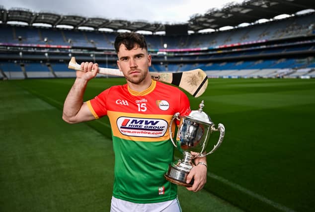 3 June 2026; Carlow hurler Chris Nolan with the Joe McDonagh Cup at a media event at Croke Park in Dublin ahead of the Leinster GAA Senior Hurling & Joe McDonagh Cup Finals this weekend. Photo by Ben McShane/Sportsfile