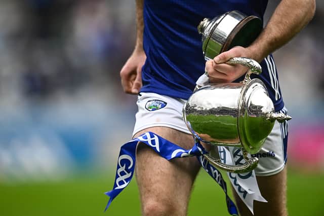 Laois captain David Dooley with the cup in two pieces.