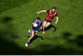 Kevin Swayne of Laois in action against Odhran Murdock of Down during the 2024 Tailteann Cup Final match between Down and Laois at Croke Park in Dublin. Photo by Daire Brennan/Sportsfile