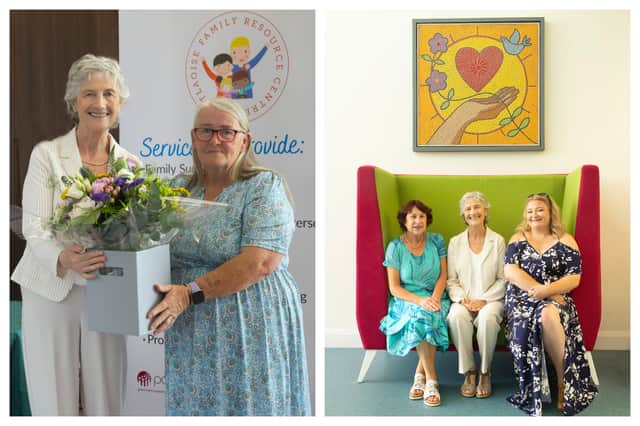 Left: Betty Bland, Portlaoise FRC Board Member, presents President Connolly with flowers during her visit. Right: The president with Patrice Dunne and Kathleen McEvoy at a Shared Island Project mosaic in An Treo Nua which was admired by the President