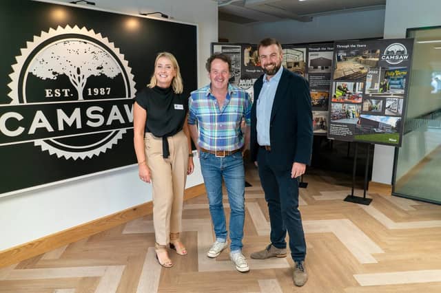 Camsaw Distributors in Laois welcoming Diarmuid Gavin as brand ambassador, with Directors Frances Quinn and Paul Carney.