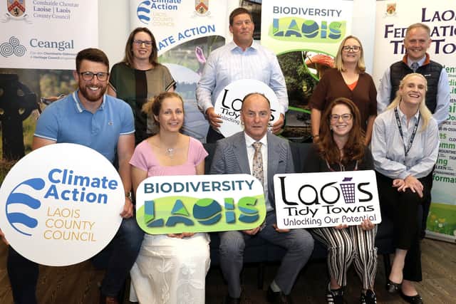 Front row: Kevin Manning, Energy Engineer at Laois County Council, Lisa Doyle, Biodiversity Officer, John Hogan, Chair of the Board at IPB Insurance,
Sam McLeod, Environmental Awareness Officer, and  Anne Lennon, Climate Action Officer. Back row:  Suzanne Dempsey, Climate Action Coordinator, Martin Kells, Chairperson of Laois Federation of Tidy Towns, Colette O Rourke, Community Climate Action Officer, and Pat Delaney, Director of Services.