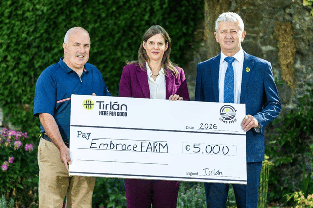 Pictured at the Tirlán Co-op cheque presentation of €5,000 to Embrace FARM are (L-R) Brian Rohan, Founder of Embrace FARM, Lisa Koep, Chief ESG Officer Tirlán and Ger O’Brien, Chairman Tirlán.