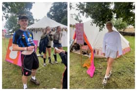 Ben on the left trying out the period pain simulator and Aoife (right) one of the co-founders of The Period Fairies. 