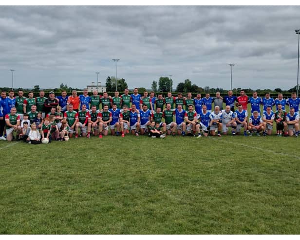 The Laois and Mayo Masters teams after their semi-final in Roscommon