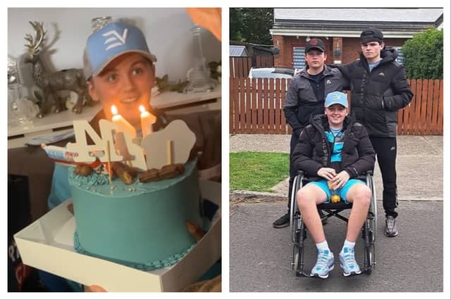Thomas Crean Keogh celebrating his 14th birthday at home in Portlaoise on August 22, 2026 and pictured (in wheelchair) with his cousins Rhys and Paul in Portlaoise.