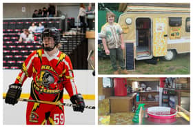 Rossa Bracken playing ice hockey and showing his SoBar van