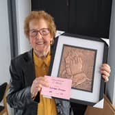 Laois great gran Kathleen Flanagan with her copper art that won first prize at the Tullamore Show.