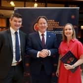 Minister for Climate, Energy and Environment, Darragh O'Brien, at the annual conference of the Irish District Energy Association (IrDEA) with IrDEA chief executive, Pauline O'Reilly, and chairman, David Connolly, at the Radisson Hotel in Dublin. 