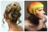 Becca Maher's creation that won first place in the Trend Upstyle – Trainee category (left) and April McCarthy's entry in the Creative Colour – Trainee category  which took second place (right). 