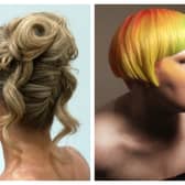 Becca Maher's creation that won first place in the Trend Upstyle – Trainee category (left) and April McCarthy's entry in the Creative Colour – Trainee category  which took second place (right). 