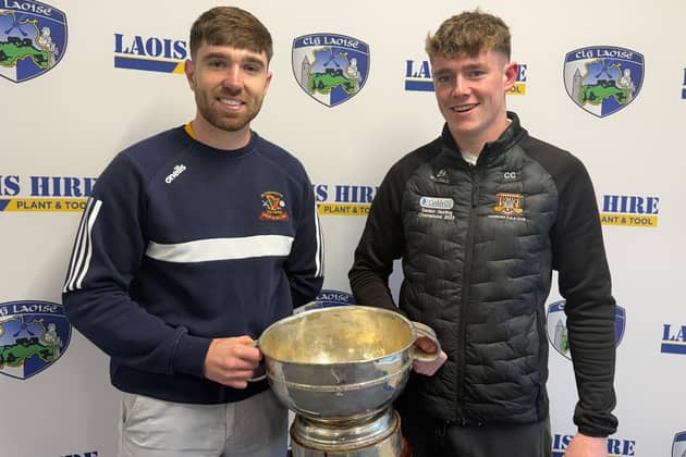 The Harps captain Padraic Dunne and Camross captain Cathal Cuddy