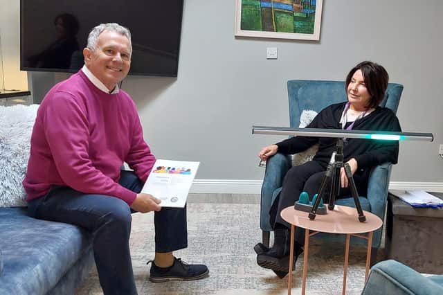 LDAS counsellor and psychotherapist Claire Boland discussing the service with Laois TD Sean Fleming on the open morning, in her therapy suite.
