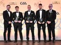 GPA Chief executive officer Tom Parsons, left, and Uachtarán Chumann Lúthchleas Gael Jarlath Burns, right, with 2026 Joe McDonagh Cup Team of the Year Award winners, from left, Ryan McCambridge of Antrim, Stephen Maher of Laois, and Aaron Dunphy of Laois, during the GAA Champion 15 Awards 2026 ceremony at Croke Park in Dublin. Photo by Sam Barnes/Sportsfile 