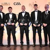 GPA Chief executive officer Tom Parsons, left, and Uachtarán Chumann Lúthchleas Gael Jarlath Burns, right, with 2026 Joe McDonagh Cup Team of the Year Award winners, from left, Ryan McCambridge of Antrim, Stephen Maher of Laois, and Aaron Dunphy of Laois, during the GAA Champion 15 Awards 2026 ceremony at Croke Park in Dublin. Photo by Sam Barnes/Sportsfile 