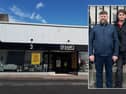 Shaws in Mountmellick pictured when it closed down in 2021, and local carpet businessman James Cawley, with his son Michael. 