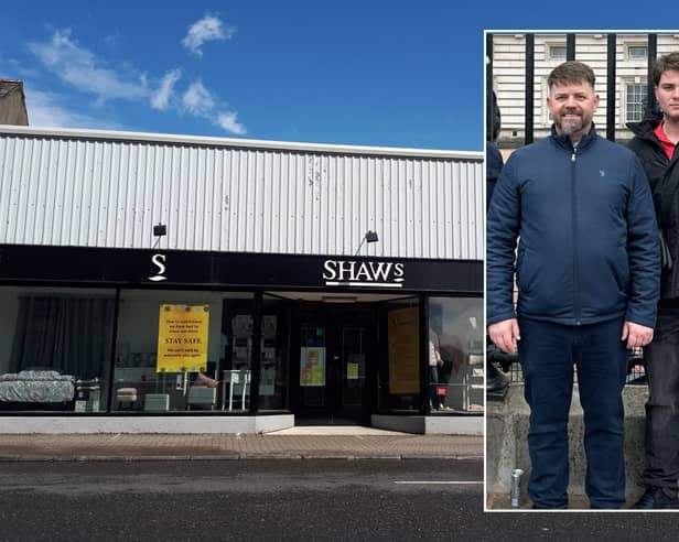Shaws in Mountmellick pictured when it closed down in 2021, and local carpet businessman James Cawley, with his son Michael. 