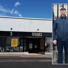 Shaws in Mountmellick pictured when it closed down in 2021, and local carpet businessman James Cawley, with his son Michael. 