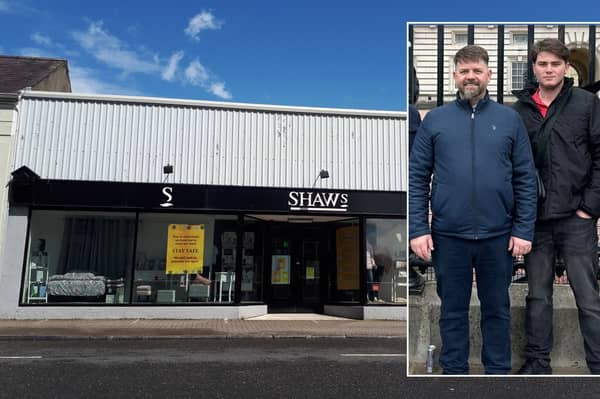 Shaws in Mountmellick pictured when it closed down in 2021, and local carpet businessman James Cawley, with his son Michael. 