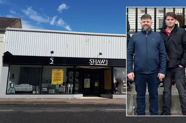 Shaws in Mountmellick pictured when it closed down in 2021, and local carpet businessman James Cawley, with his son Michael.