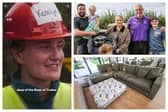 Former Laois Rose of Tralee Katelyn Cummins on DIY SOS in Offaly; the Harte family with presenter Baz Ashmawy and furniture donated by Finline Furniture from Emo.