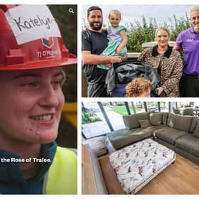 Former Laois Rose of Tralee Katelyn Cummins on DIY SOS in Offaly; the Harte family with presenter Baz Ashmawy and furniture donated by Finline Furniture from Emo.