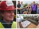 Former Laois Rose of Tralee Katelyn Cummins on DIY SOS in Offaly; the Harte family with presenter Baz Ashmawy and furniture donated by Finline Furniture from Emo.