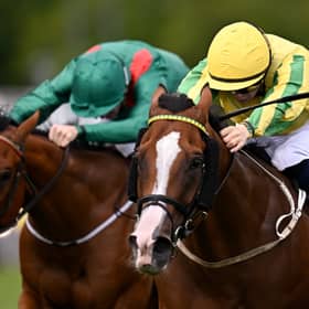 Krasimir, right, with Reese Holohan up, on their way to winning the Irish Stallion Farms EBF Sovereign Path Handicap during day one of the Irish Champions Festival at Leopardstown Racecourse in Dublin. 