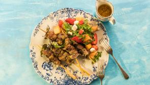 BBQ lamb skewers with rocket melon strawberry salad

 