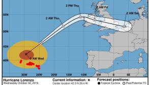US Hurricane Center weather charts show Lorenzo picking up strength