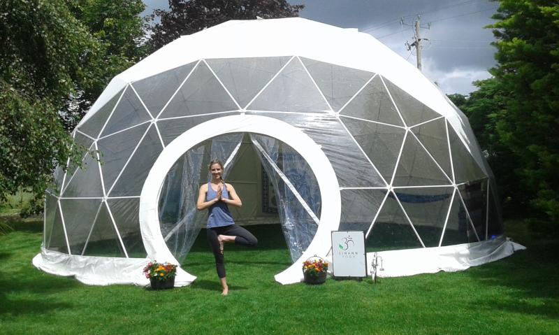 Yoga teacher Linda Champ outside her geodome in Laois