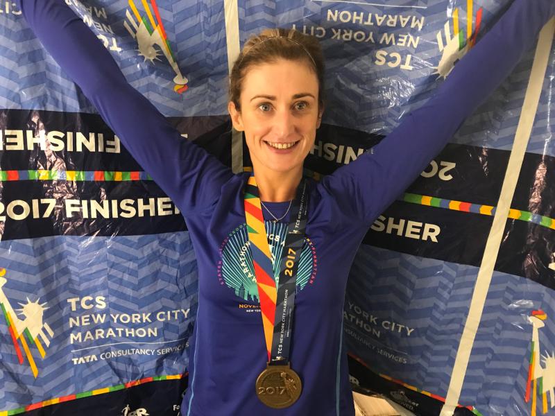 Pamela Moran at the finish of the TCS New York City Marathon 2017