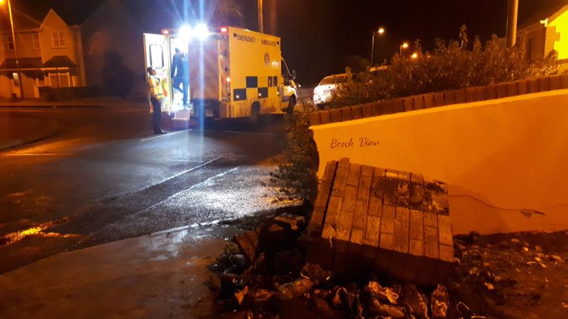 A broken pillar at the scene of a two car collision in Mountmellick 