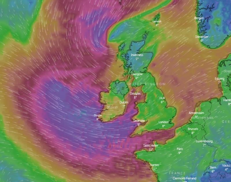 Storm Atiyah Weather Warning Storm Storm Storm Ireland. Pic windy.com