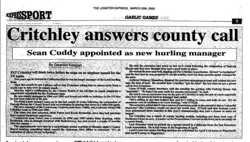 Remember When (2000): Critchley answers county call 