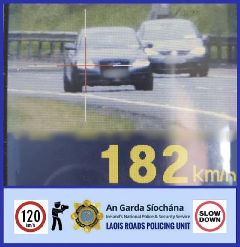 Motorist detected driving at 182kph on the motorway in Laois