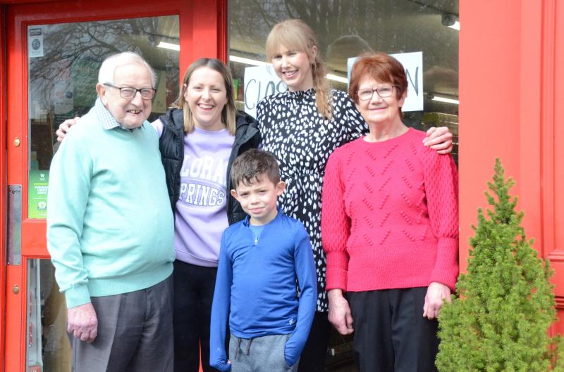 Frank and Melissa Gorman, Ciara O'Brien, Liz Groman and grandson Ben outside Gorman's in Killeigh. Pic: Sinead Toolan